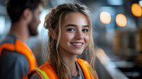 Young female construction worker or safety engineer in high visibility orange vest smiling confidently at industrial workplace with bokeh lights in background.