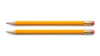 Two yellow wooden pencils with pink erasers and metal ferrules isolated on white background, ready for design use on educational materials, stationery designs, and school-related projects.
