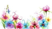 Watercolor floral border with vibrant pink, blue and yellow blooms on white background for spring designs, greeting cards and decorative projects.