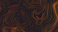 Topographic map pattern with orange elevation contour lines on dark background. Abstract terrain visualization creates dynamic flowing curves and shapes.