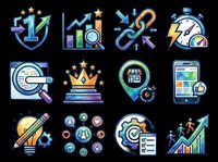 Isolated business and finance icon set on transparent background, featuring first place trophy, growth chart, tools, timer, search, crown, global shop, mobile app, rocket, network, workflow and analytics symbols. Ready for t-shirt design, clipart, stickers, print-on-demand and sublimation projects.