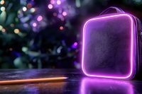 Glowing neon purple square frame on dark background with bokeh lights and wooden surface, modern minimalist composition for advertising and design projects.