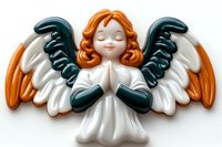 Praying angel figurine with orange hair, white robe, and teal wings, isolated on white background, ready for design use.