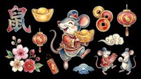 Cute Chinese New Year rat characters with festive elements, gold ingots, lanterns, coins, and cherry blossoms, isolated on transparent background, for stickers and clipart.