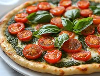 Fresh homemade pizza with pesto sauce, cherry tomatoes and basil leaves on white plate, close up view of traditional Italian cuisine.