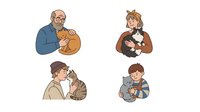 Diverse people holding and cuddling with their beloved cats showing affection and companionship isolated on white background for pet care designs.