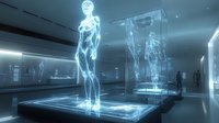 Futuristic holographic human anatomy display in medical science museum with glowing blue figures showing internal body systems on digital platforms.