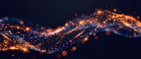 Abstract golden particles flowing in wave motion against dark background, suitable for technology, business, and digital design projects.