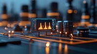 Digital audio mixer with glowing screen displaying frequency analyzer graph in dark studio environment with warm ambient lighting and professional controls.