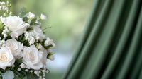 Elegant white rose bouquet with baby's breath against emerald green silk drapery background, soft focus wedding floral arrangement creates romantic atmosphere.
