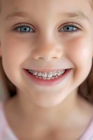 Close up portrait of young Caucasian girl with blue eyes showing bright smile with dental braces, expressing joy and confidence. Perfect for orthodontic or dental care advertising.