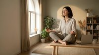 Young woman meditating in lotus position on yoga mat in bright living room with laptop nearby, practicing mindfulness and wellness at home.
