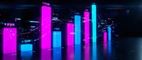 Neon glowing bar chart with magenta and cyan columns displaying financial data analytics on dark background for business reports and presentations.