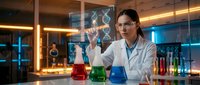 Female scientist in white lab coat conducting research with colorful chemical solutions in modern laboratory with digital interface technology.