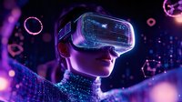 Young woman wearing VR headset experiencing virtual reality in futuristic neon-lit environment with purple and blue lighting effects for gaming and technology.