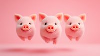 Three adorable pink pig characters floating in a row against pink background, showing playful and cheerful expressions with cute snouts and pointed ears.
