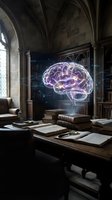 Holographic brain floating above ancient books in gothic library with stone arches. Concept for artificial intelligence, neuroscience research, education technology.