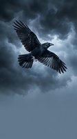 Black raven soaring through dramatic stormy sky with dark clouds, wings spread wide in powerful flight, gothic atmosphere for mystery and fantasy themes.