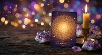 Mystical tarot card reading setup with golden mandala design, crystals, candle and colorful bokeh lights creating magical spiritual atmosphere.