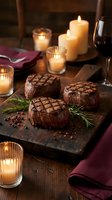 Grilled beef steaks on wooden board with candles and wine creating romantic dinner atmosphere for special occasions and fine dining experiences.