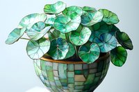 Decorative mosaic bowl filled with vibrant green lotus leaves creating an artistic arrangement against light background, showcasing natural forms in glass art.