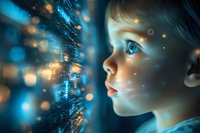 Young boy with blue eyes gazing at glowing digital interface with floating particles and bokeh lights in dark room, side profile view creating futuristic atmosphere.