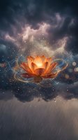 Glowing orange lotus flower floating in mystical stormy sky with golden light particles and rain for spiritual meditation and fantasy art projects.