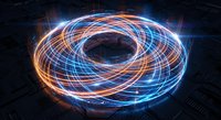 Glowing energy torus with swirling light trails in blue and orange colors on dark digital grid background for futuristic technology concepts.