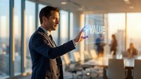 Professional businessman in suit touching holographic value display in modern office environment for corporate presentations and business strategy concepts.