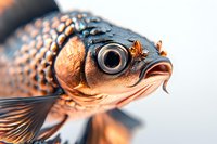 Close-up macro shot of copper-colored fish head with large eye and detailed scales showing intricate texture and patterns against soft blurred background.
