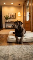 Dark brown Labrador retriever resting on cream cushion in warm-toned entryway with wooden flooring, pendant lighting, and framed artwork for pet lifestyle and home interior design.