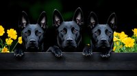 Three adorable black puppies peeking over wooden fence with bright yellow flowers, perfect for pet care advertising and animal lover designs.