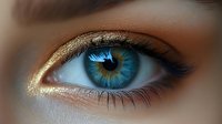 Close up macro shot of bright blue eye with golden eyeshadow and long eyelashes against soft skin background, showing intricate iris detail and natural beauty.