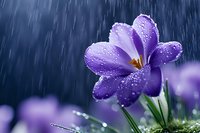 Purple crocus flower blooming in spring rain with water droplets on petals against dark stormy sky background for nature and seasonal garden concepts.