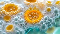 Macro photography of colorful soap bubbles forming abstract patterns in orange and turquoise tones, creating organic cellular structures with spherical formations.