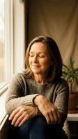 Peaceful mature woman with closed eyes sitting by window in cozy sweater enjoying quiet moment of relaxation and mindfulness at home.
