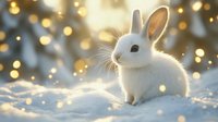 White baby bunny sitting in fresh snow with golden bokeh lights creating magical winter atmosphere, soft focus nature photography for seasonal greeting cards and holiday designs.