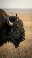 American bison with curved horns in grassland habitat. Wildlife portrait of large bovine mammal in natural prairie environment for nature and animal stock needs.