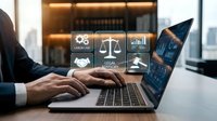 Professional lawyer working on laptop with digital legal technology icons displaying justice scales, gavel, and compliance symbols in modern office environment.