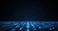 Digital grid landscape with glowing blue data points and light rays extending into dark space, representing technology, cyberspace, and digital transformation.