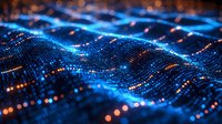 Abstract digital wave of glowing blue particles with orange light bokeh effects creating futuristic technology landscape visualization for network and data concepts.