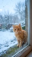 Orange tabby kitten sitting on snowy windowsill looking at camera during winter snowfall, with frosted glass and bare trees visible in blurred background outside.