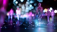 Digital human figure made of connected pink neon lines walking on network surface with bokeh lights background for technology and AI concepts.