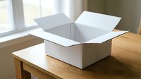 Empty white cardboard box open on wooden table near window with natural light for shipping packaging moving storage delivery concept.