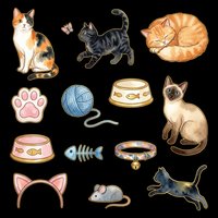 Cats and cat accessories collection isolated on transparent background, featuring sitting and playing felines, paw prints, food bowls, toys, yarn ball, fish skeleton, collar, and cat ear headband. Ready for t-shirt design, clipart, stickers, and print-on-demand projects.
