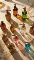 Colorful liquid soap dispensers arranged on marble surface with dramatic sunlight shadows creating elegant bathroom or spa aesthetic for wellness branding.
