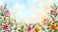 Watercolor lily flowers border frame with soft pastel sky background, floral botanical illustration for greeting cards, wedding invitations and spring designs.