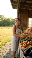 Happy young woman in linen apron selecting fresh organic vegetables at rustic farm stand during golden hour sunset for healthy cooking and sustainable living.