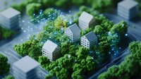 Aerial view of miniature urban neighborhood with white buildings surrounded by green trees and digital network overlay, illustrating smart city technology.