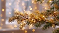 Festive pine branch with warm golden string lights against blurred bokeh background, creating cozy holiday atmosphere.